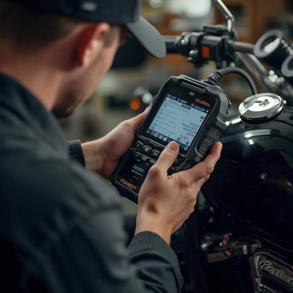 Harley Davidson Mechanic Using an OBD2 Scanner for Diagnostics