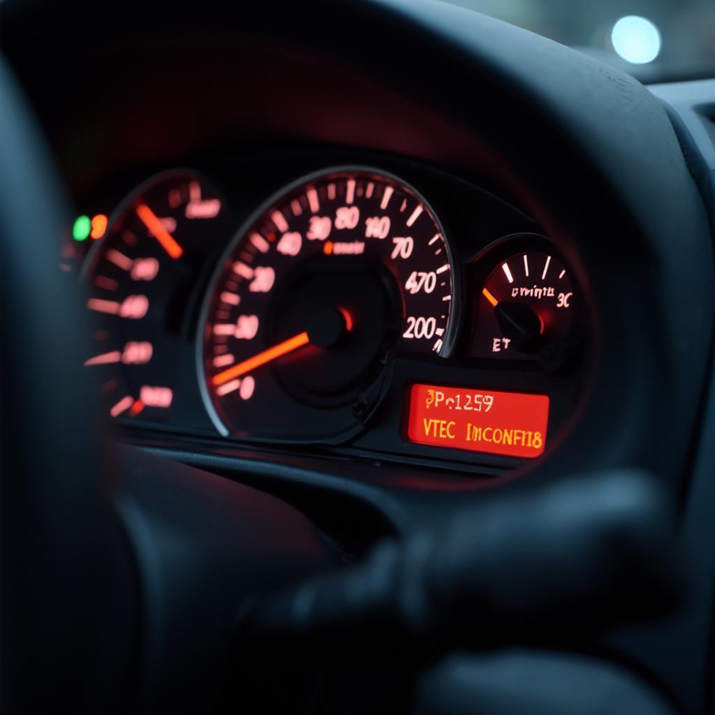 Honda dashboard displaying the check engine light with OBD2 code P1259