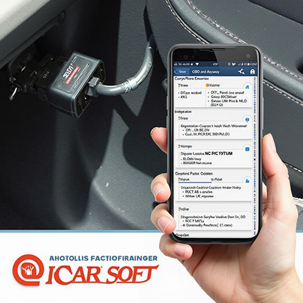 iCarsoft i620 Bluetooth OBD2 scanner connected to a smartphone via Bluetooth, displaying diagnostic information on the screen.