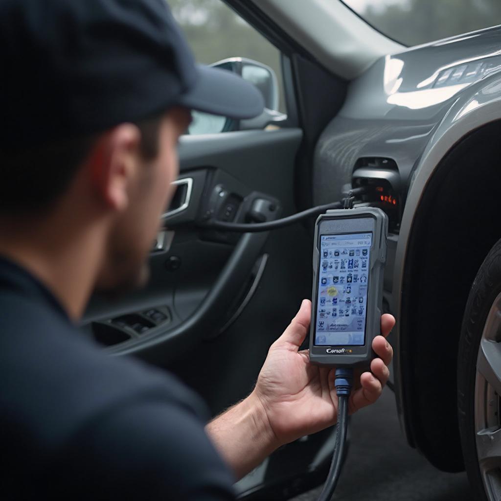 Mechanic Using iCarsoft i810 OBD2 Scanner on a Car