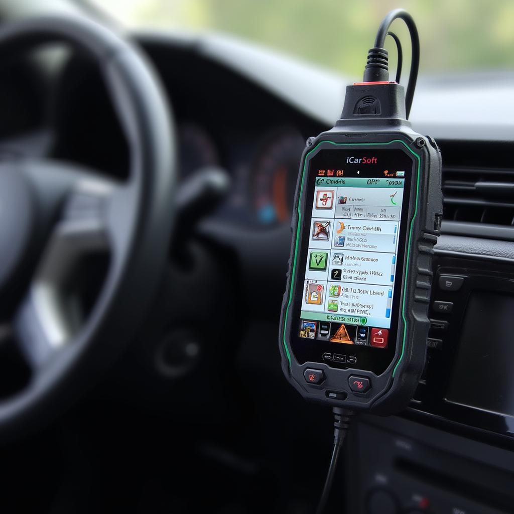 iCarsoft OBD2 scanner plugged into a car's OBD2 port, displaying diagnostic trouble codes on its screen.