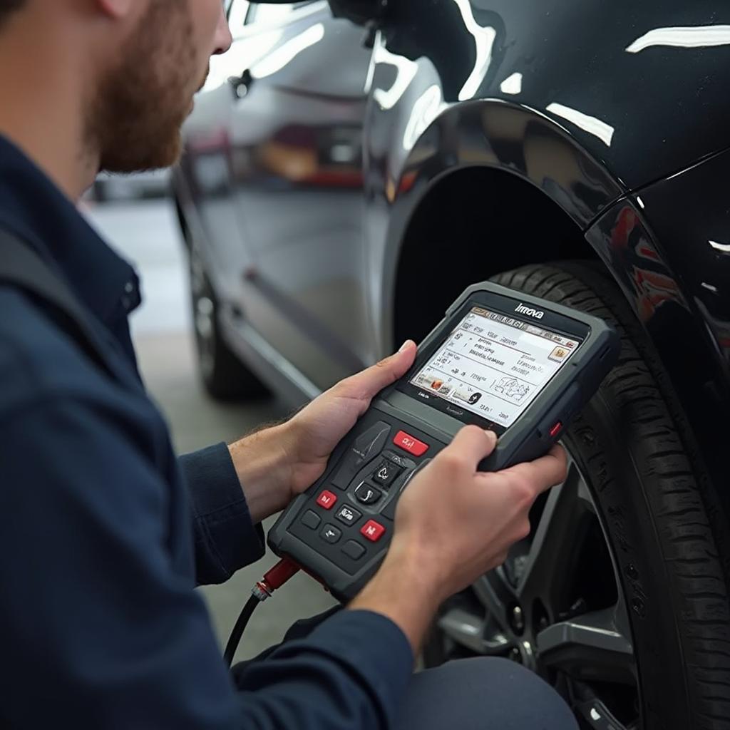 Mechanic Using Innova 3140 OBD2 Scan Tool on a Car