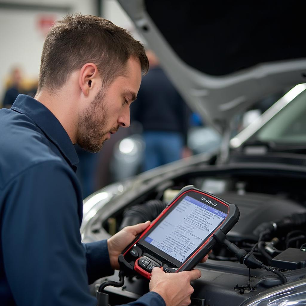 Mechanic Using Innova OBD2 Scanner on a Car