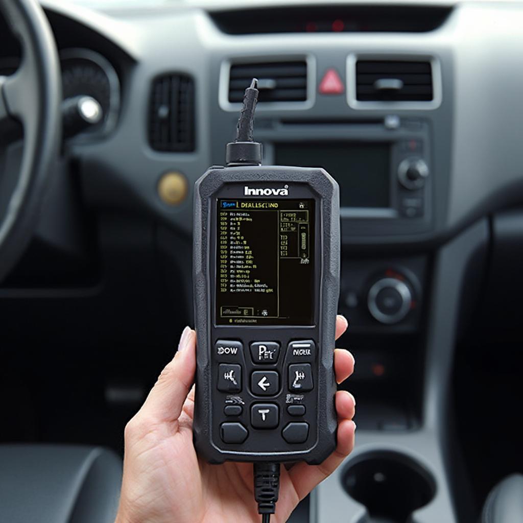 Innova OBD2 scanner displaying diagnostic trouble codes on a car's dashboard