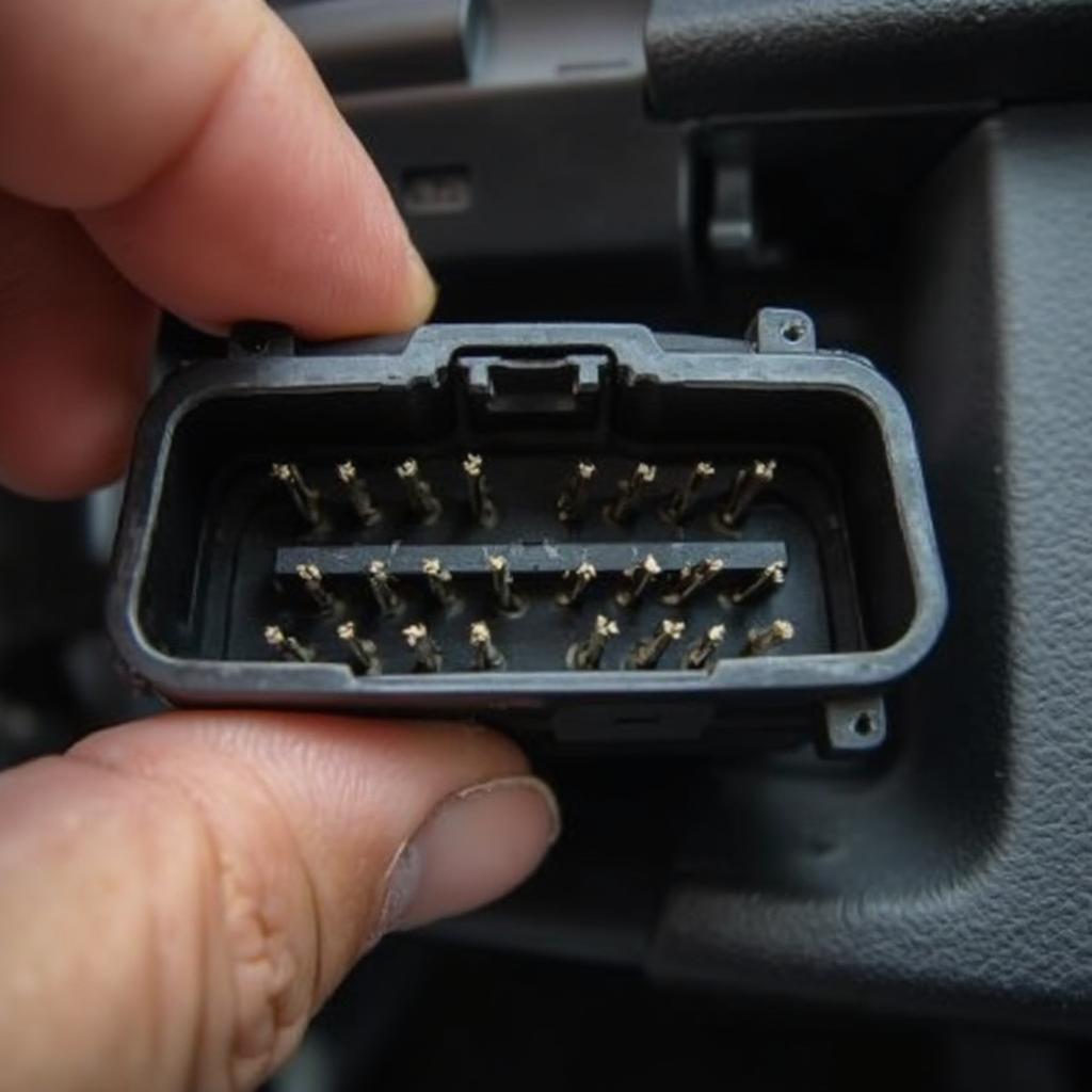 Close-up view of a hand inspecting the OBD2 port