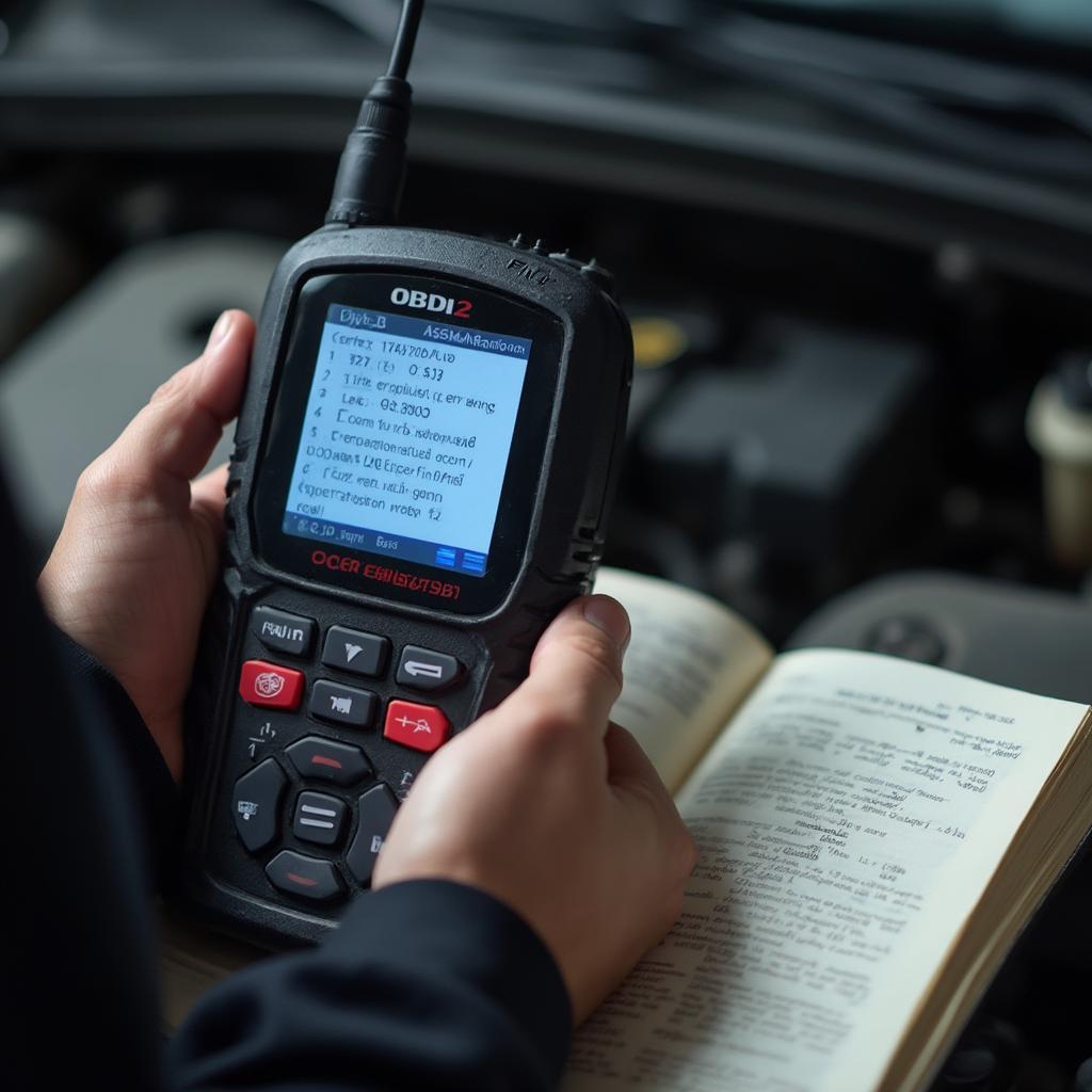 Mechanic interpreting OBD2 emission codes on a scanner