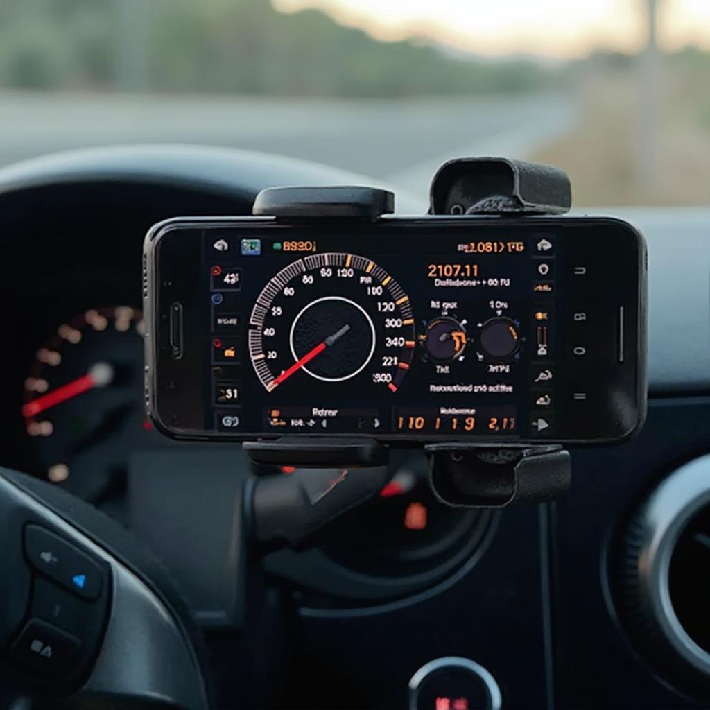 iPhone displaying various car diagnostics on a dashboard-like app interface.