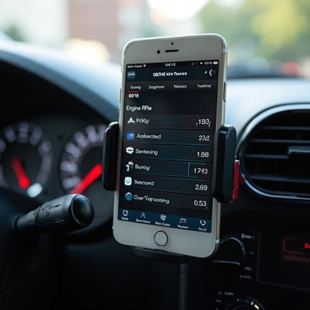 iPhone OBD2 Code Reader App Displaying Car Diagnostics on Dashboard