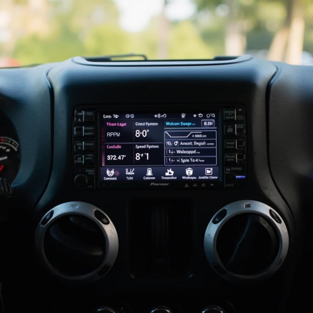 Jeep Wrangler dashboard with OBD2 data displayed on Pioneer AVH-4200