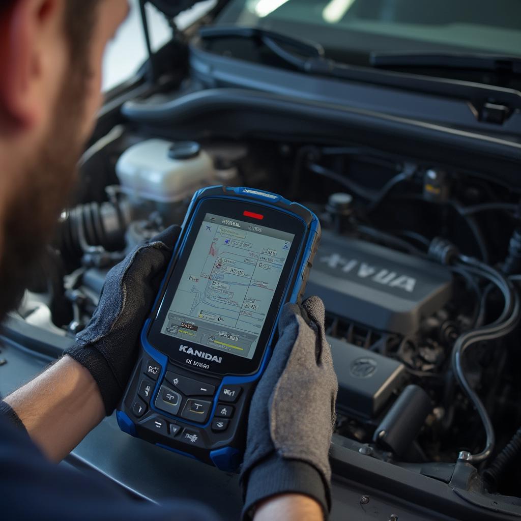 Technician Using Konnwei KW850 OBD2 Scanner for Hyundai Engine Diagnostics