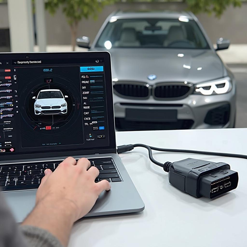 Laptop Connected to Car's OBD2 Port