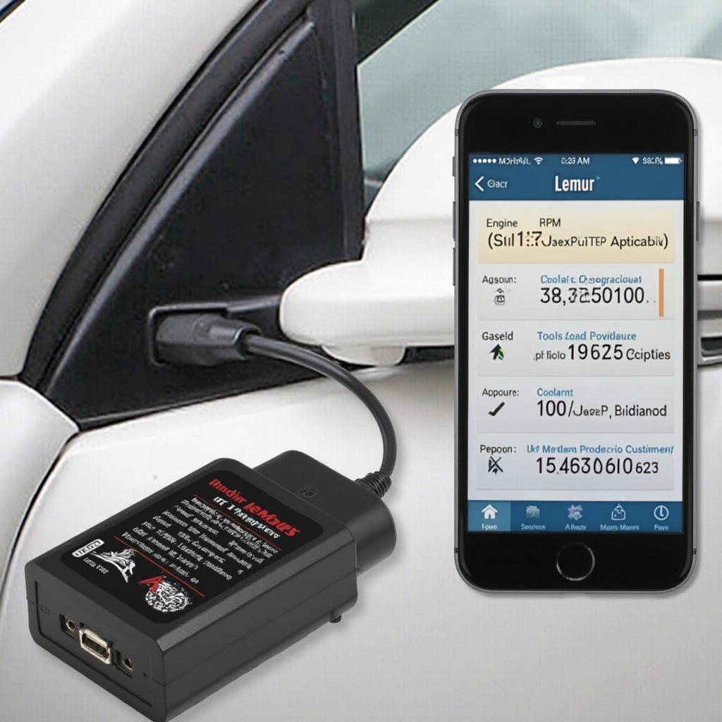 Lemur OBD2 Bluetooth scanner connected to a smartphone displaying diagnostic data