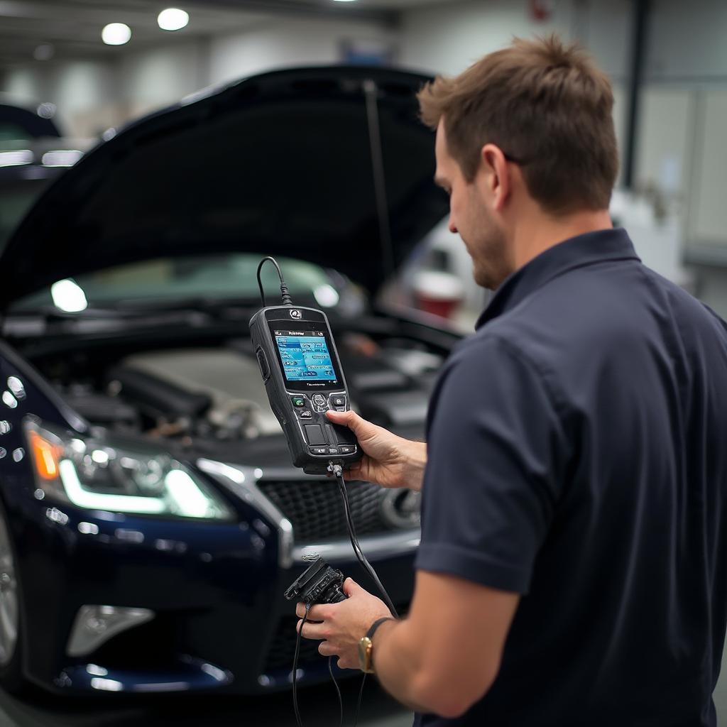 Mechanic Diagnosing a Lexus GS300 Engine Using an OBD2 Scanner