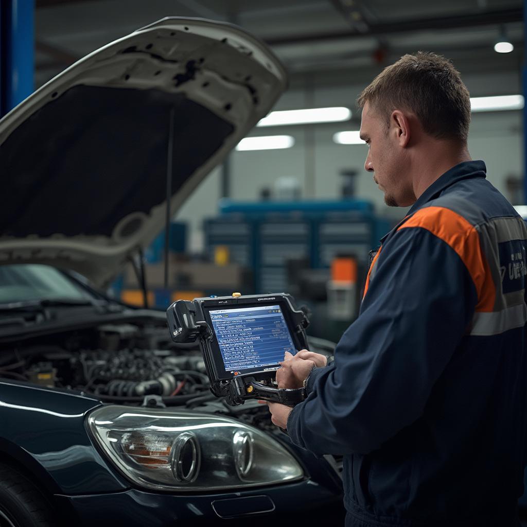 Mechanic Diagnosing a Lexus SC400 with a Professional OBD2 Scanner