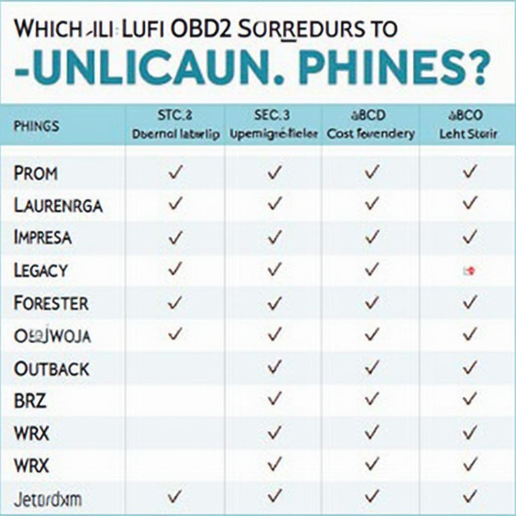 Chart displaying Lufi OBD2 scanner compatibility with various Subaru models