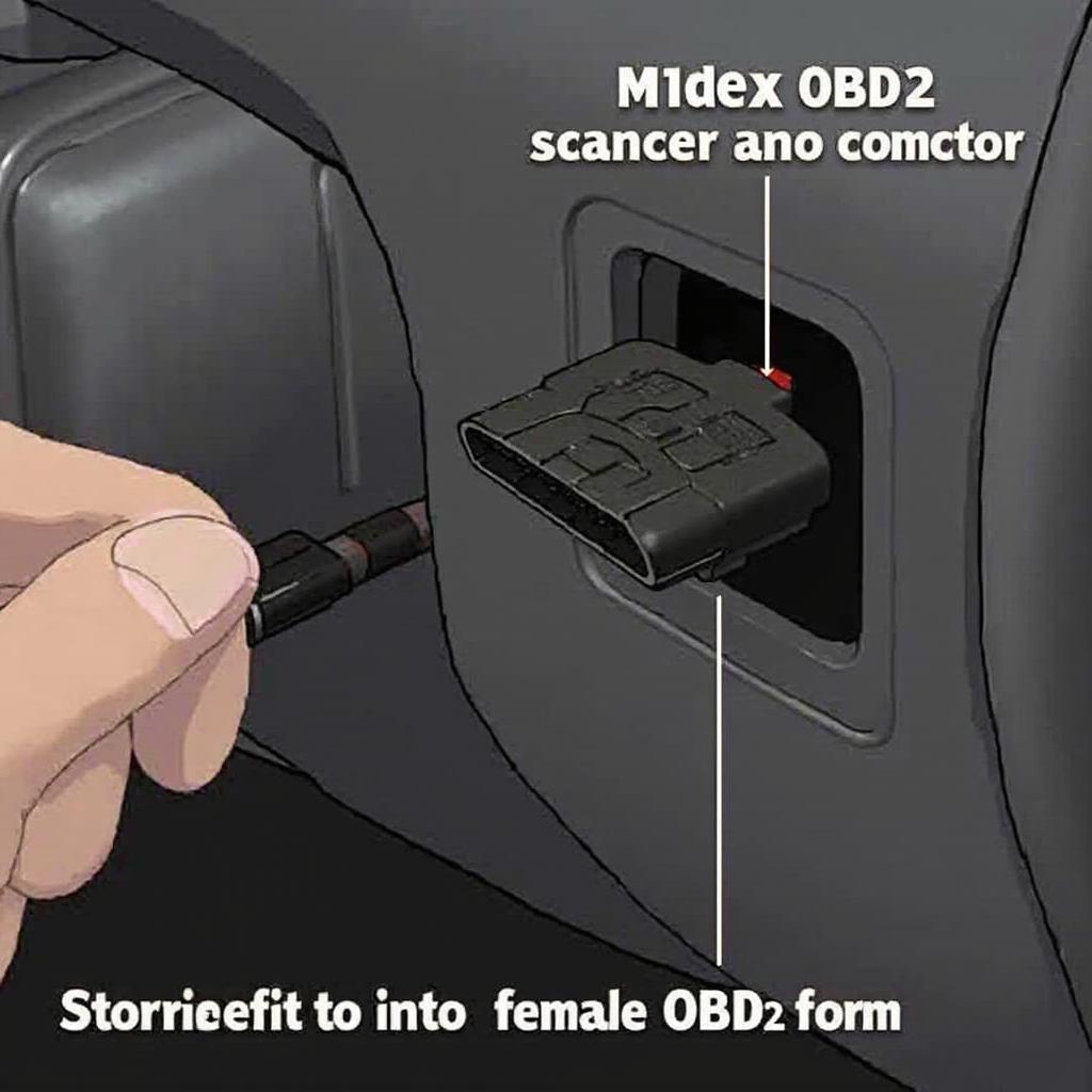 Male OBD2 scanner connecting to the female port on a car