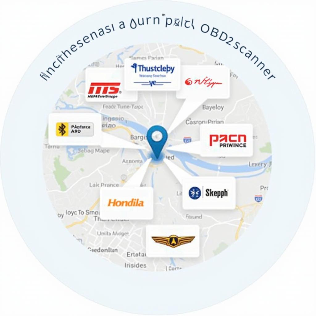 A map highlighting nearby auto parts stores that sell OBD2 scanners