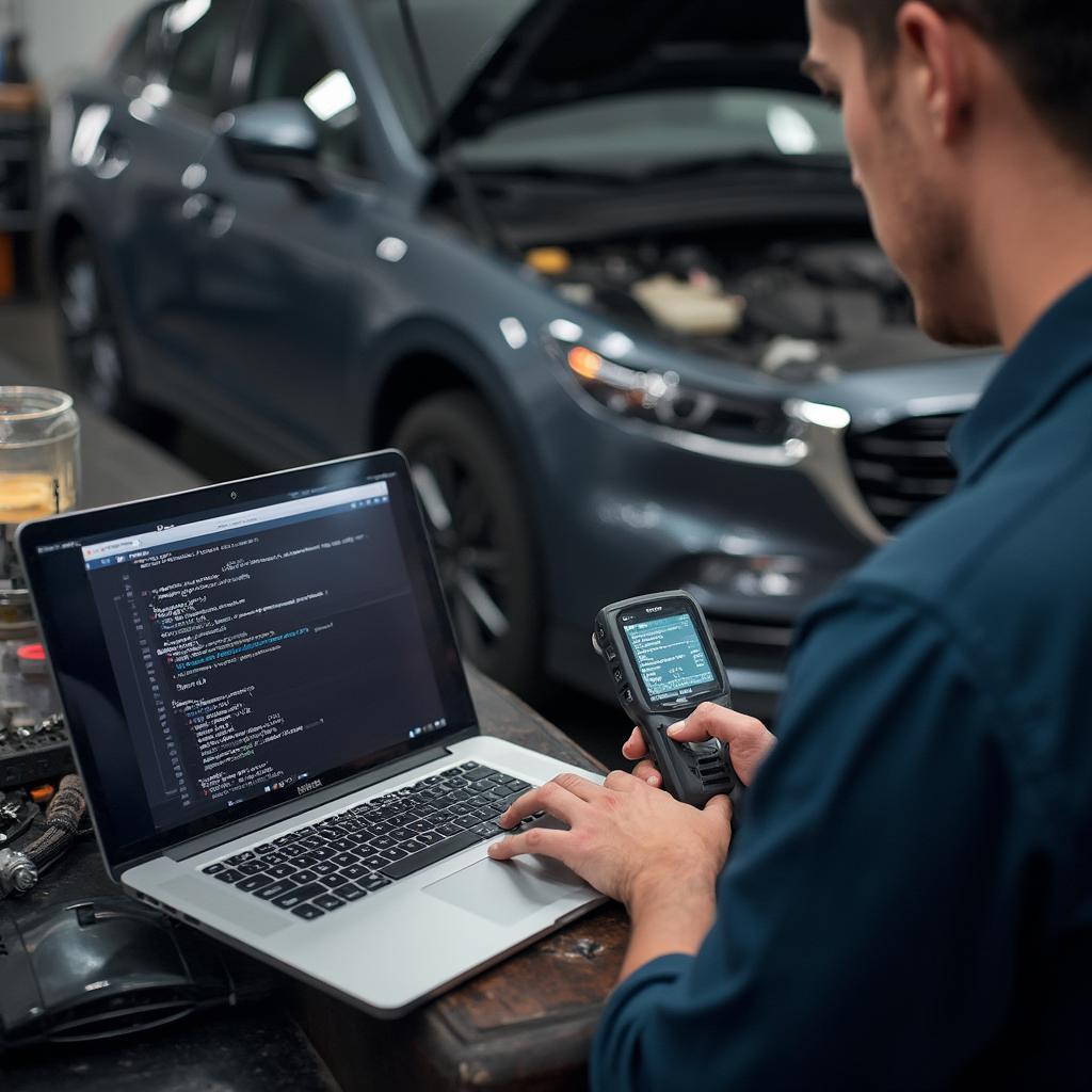 Mazda Mechanic Diagnosing a Car Using an OBD2 Scanner