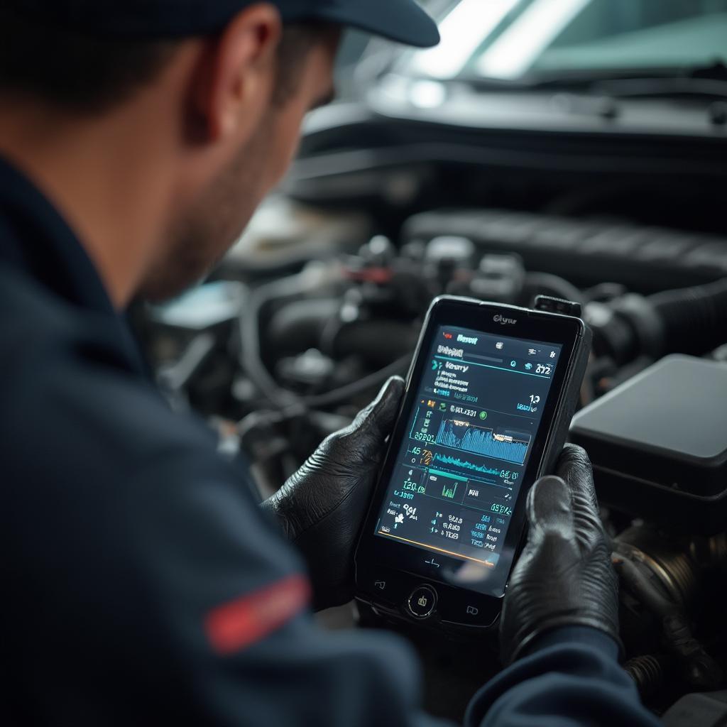 Mechanic Analyzing Battery Data on OBD2 Scanner