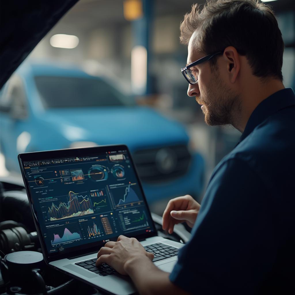 Mechanic Analyzing Live Data on Laptop