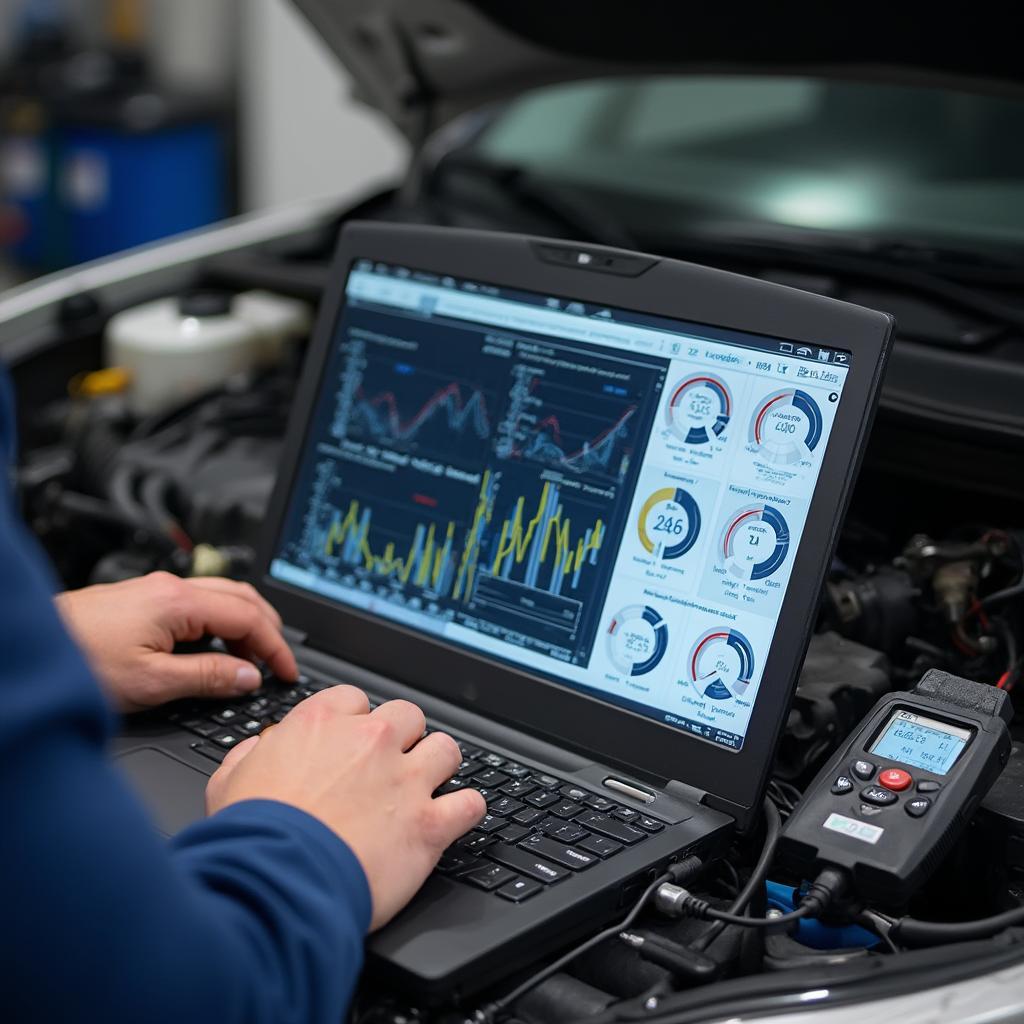 Mechanic Analyzing OBD2 Data on Laptop