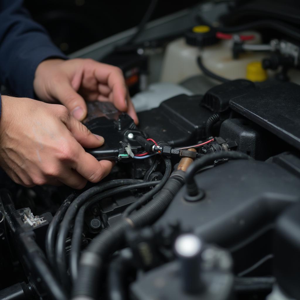 Mechanic inspecting the wiring harness of a camshaft position sensor