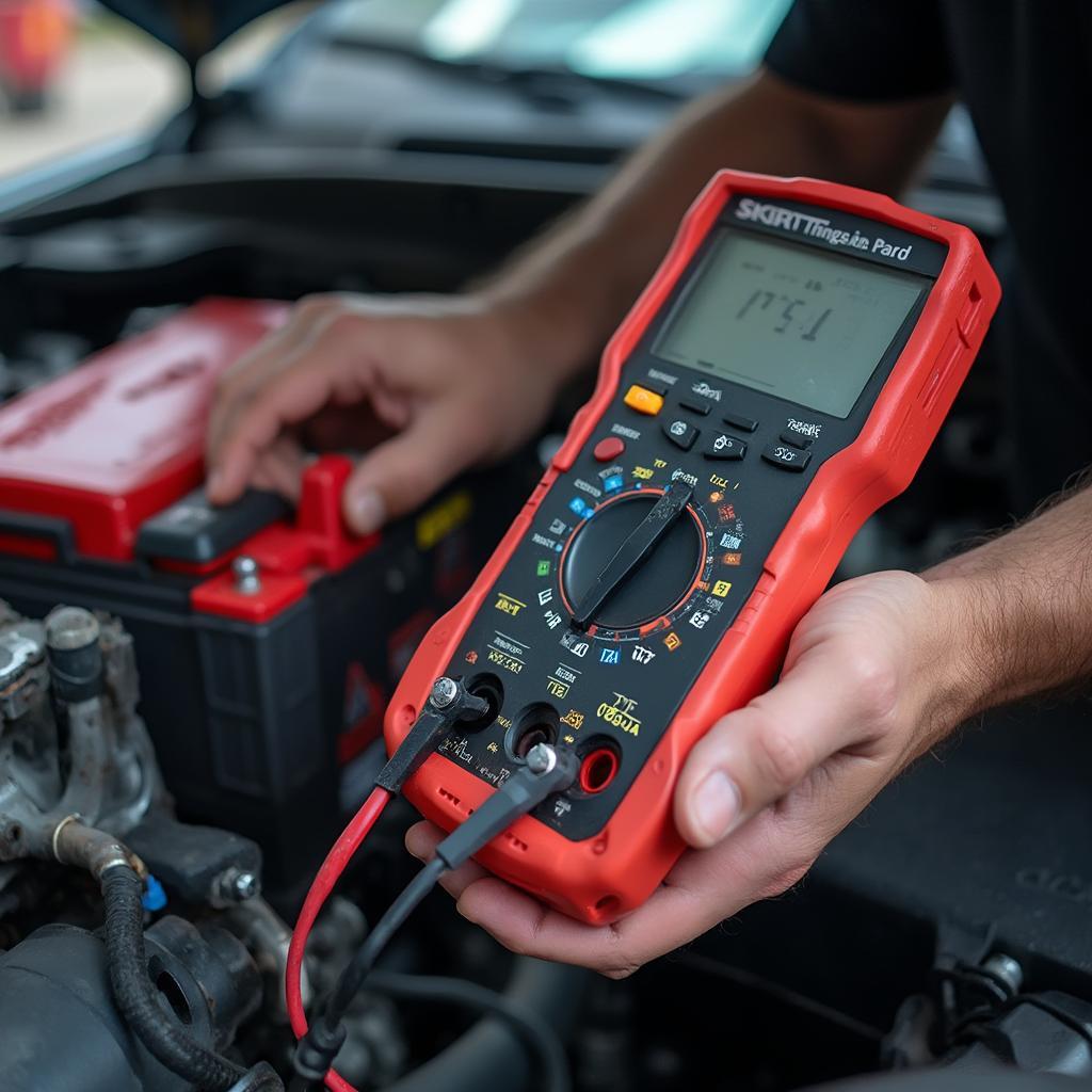 A mechanic inspects a car battery and alternator using specialized tools.