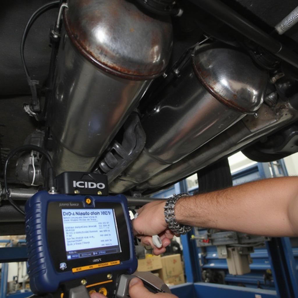 Mechanic inspecting a car's exhaust system for potential causes of P0420