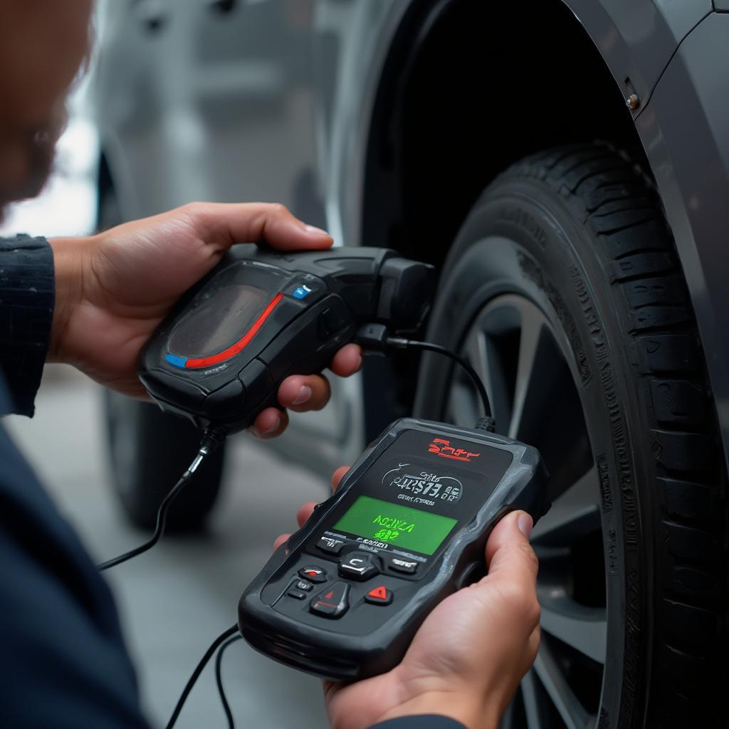 Mechanic using an OBD2 scanner to diagnose a vehicle's OBD2 port