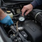 A mechanic inspecting the engine of a car, checking the oil pressure.