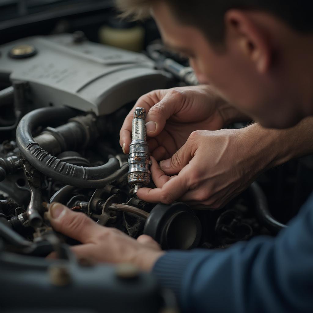 Mechanic Inspecting Spark Plugs