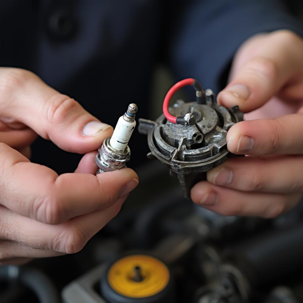 Mechanic inspecting spark plugs and ignition coils for damage.