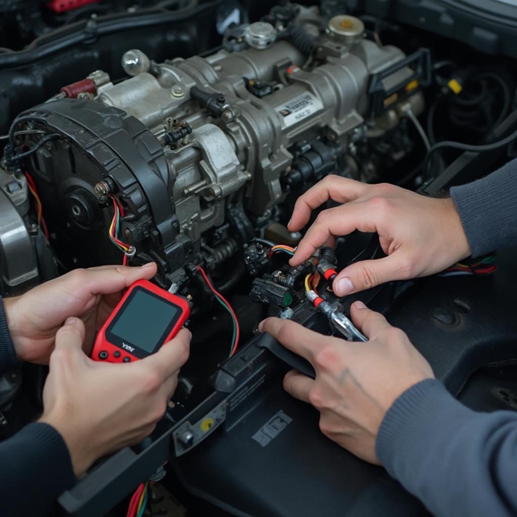 Mechanic Inspecting Car Transmission