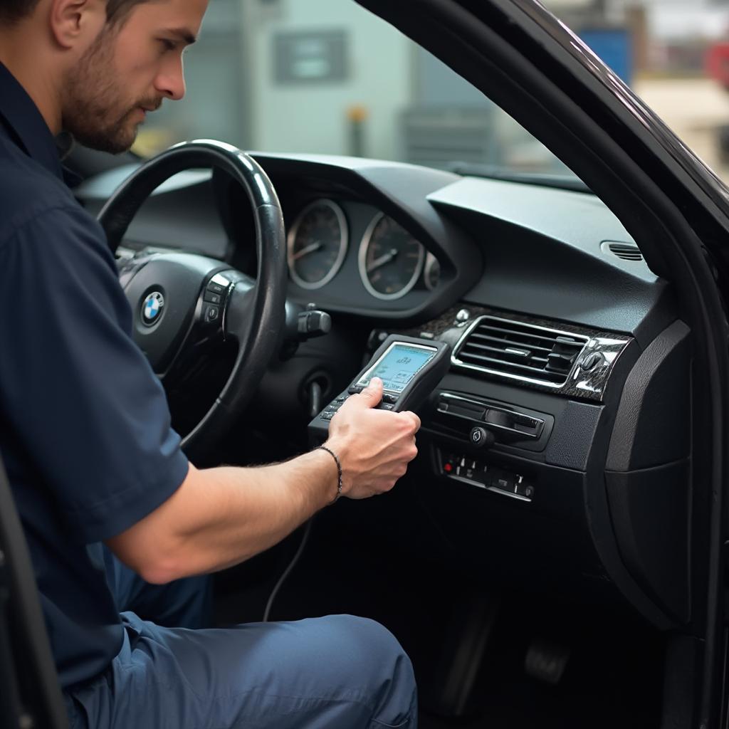 Mechanic Connecting OBD2 Scanner to BMW