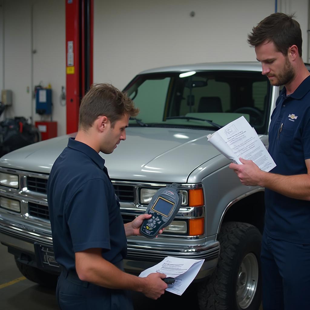 Mechanic Diagnosing a 1999 Chevy Tahoe using an OBD2 Scanner and Repair Manual