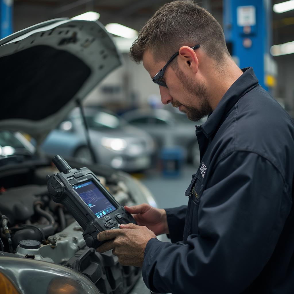 Mechanic Diagnosing a 2003 Malibu with a Professional Scanner