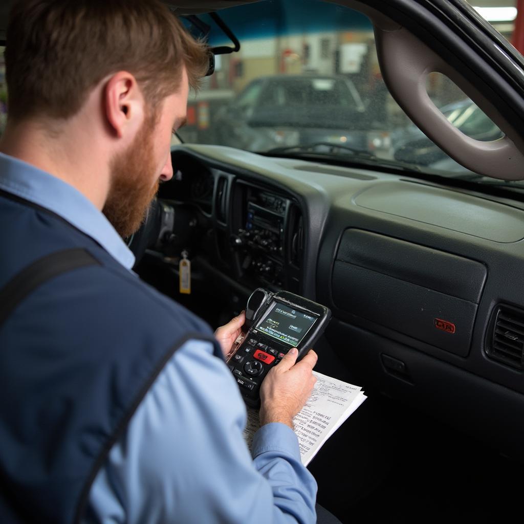 Mechanic Diagnosing a 2005 Chevy Tahoe with an OBD2 Scanner