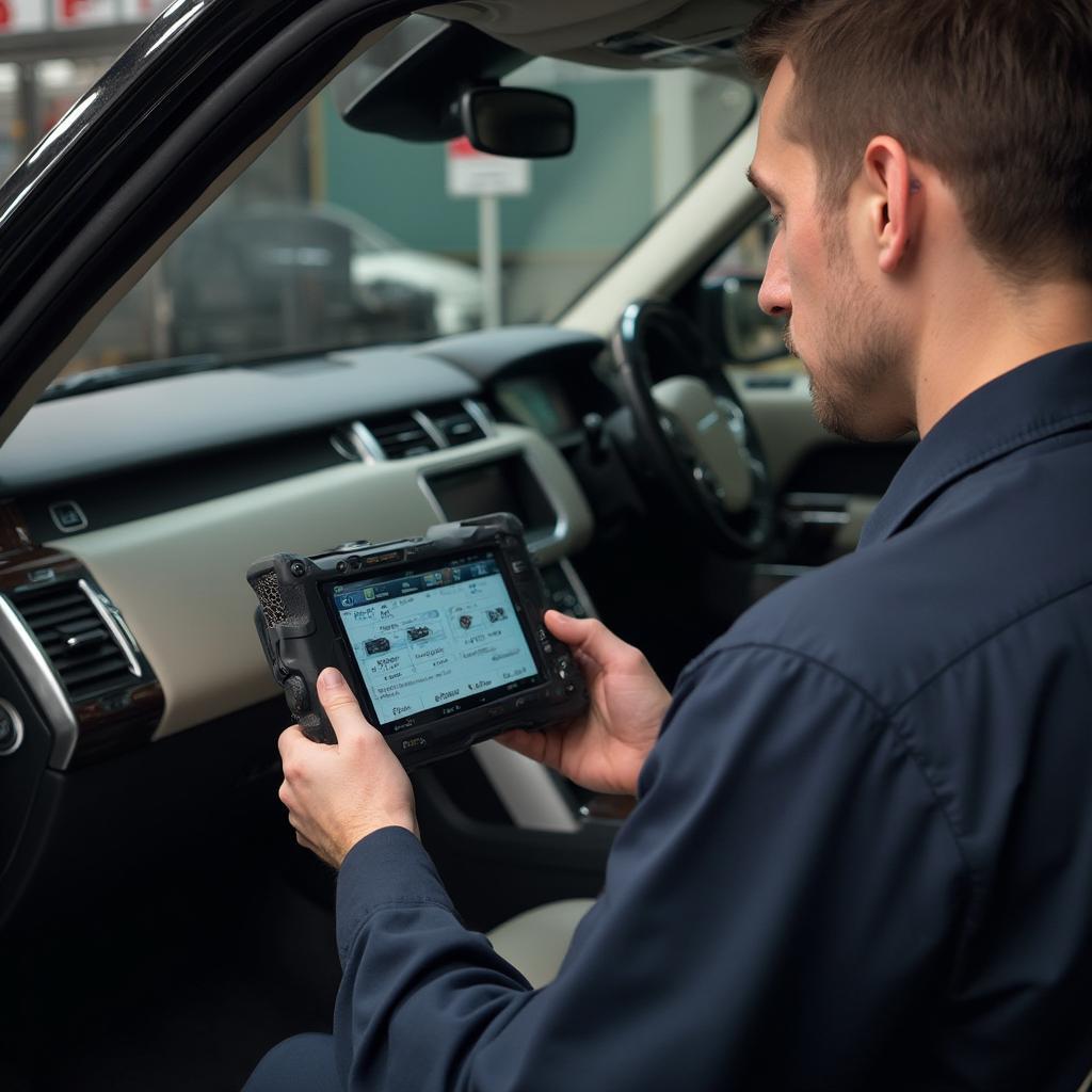 Mechanic Diagnosing a 2011 Range Rover HSE with an OBD2 Scanner