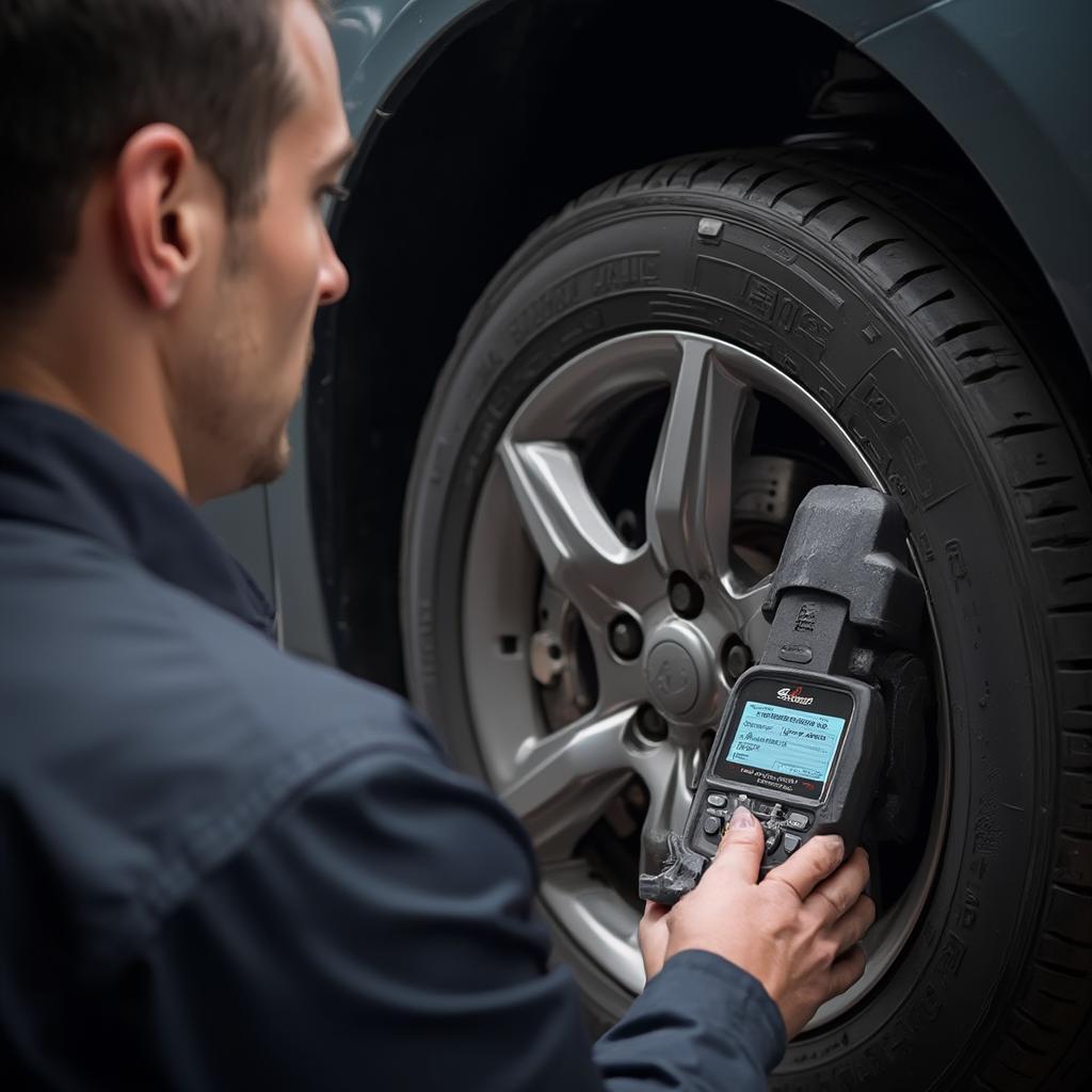 Mechanic Diagnosing ABS with OBD2 Scanner