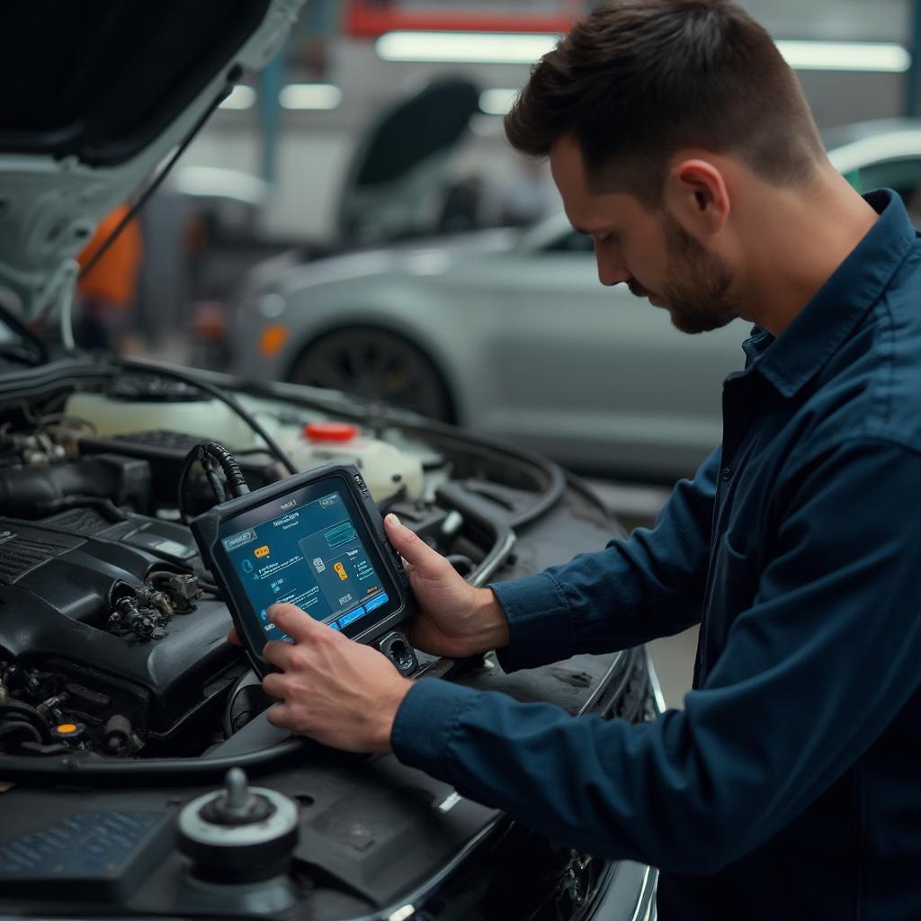 Mechanic Using OBD2 Scanner on Audi A5