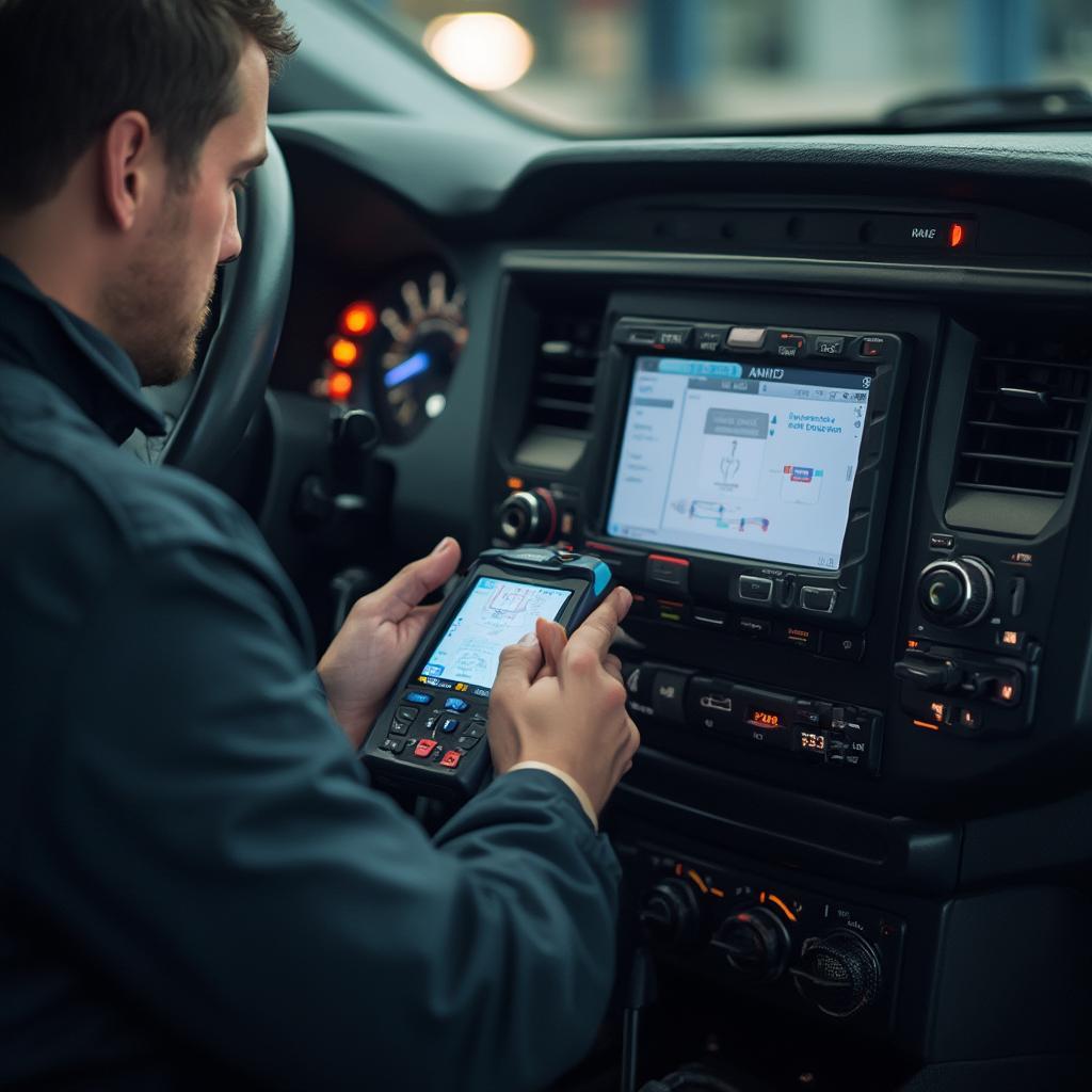 Mechanic Diagnosing a Car with a Professional OBD2 Scanner