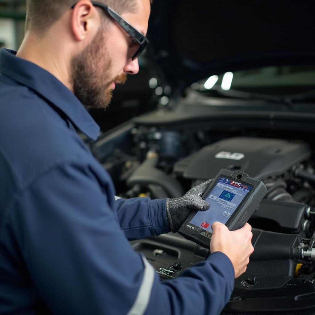 Mechanic Diagnosing Car ECU with Professional Scanner