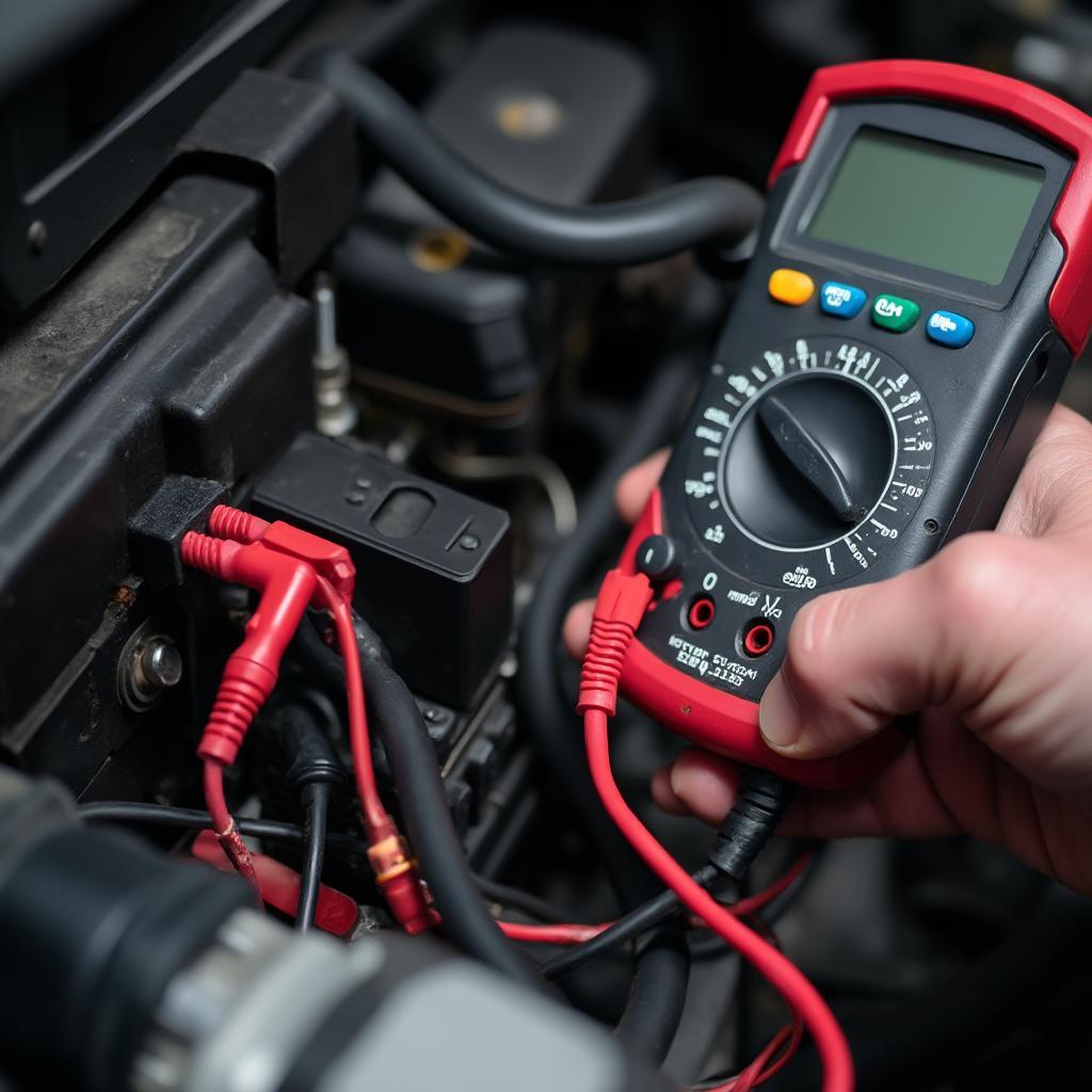 Mechanic Diagnosing Car Electrical System with a Multimeter