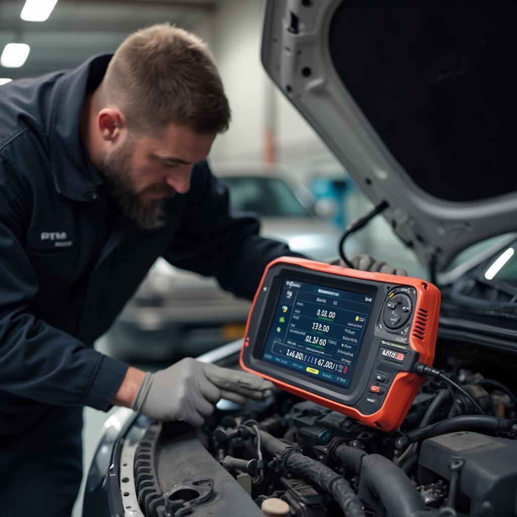 Mechanic Diagnosing Car OBD2 System: A mechanic is using a professional OBD2 scan tool connected to a car. The mechanic is looking at the scan tool's screen, which displays diagnostic information.