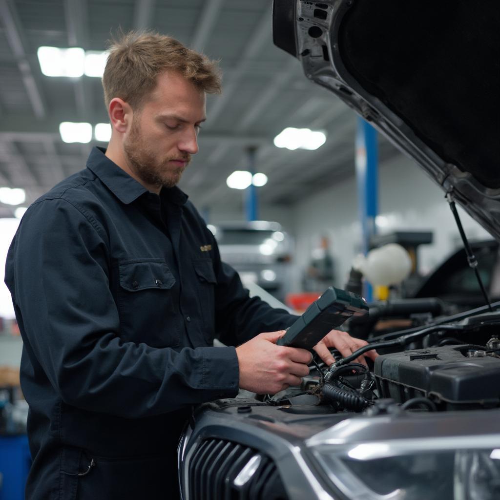 Mechanic Diagnosing Car Problem with OBD2 Scanner