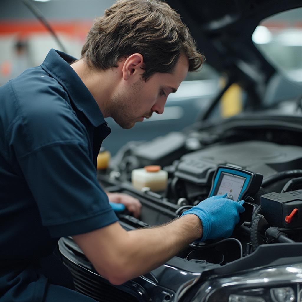 Mechanic Diagnosing a Car Problem Using Advanced Tools