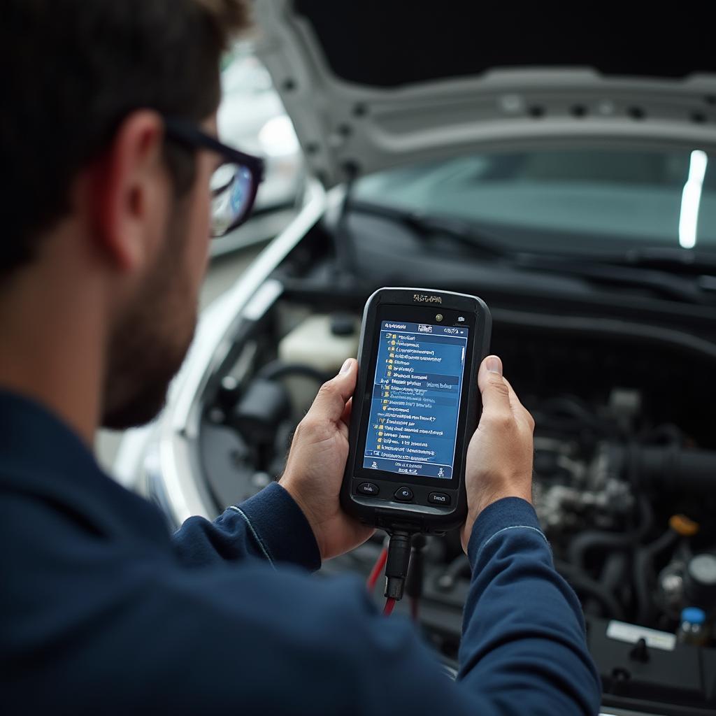 Mechanic Diagnosing Car Using Foxwell OBD2 Scanner