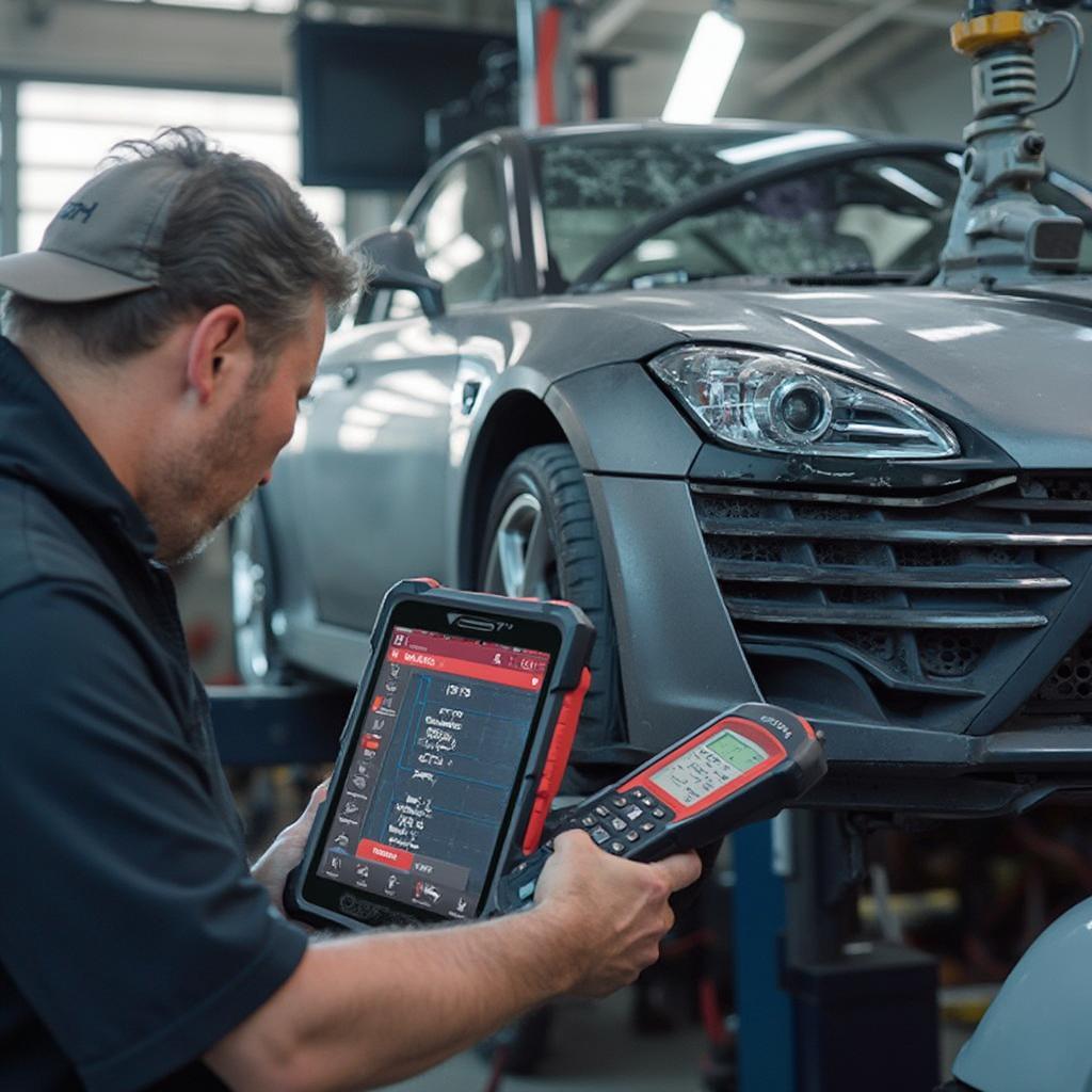 Mechanic Diagnosing Car With Bidirectional Scanner