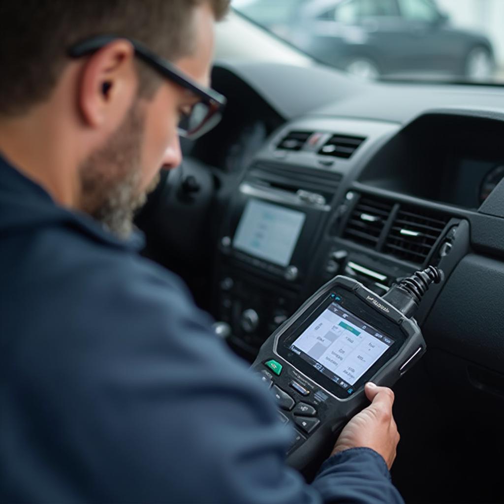 Mechanic Diagnosing Car with OBD2 Scanner