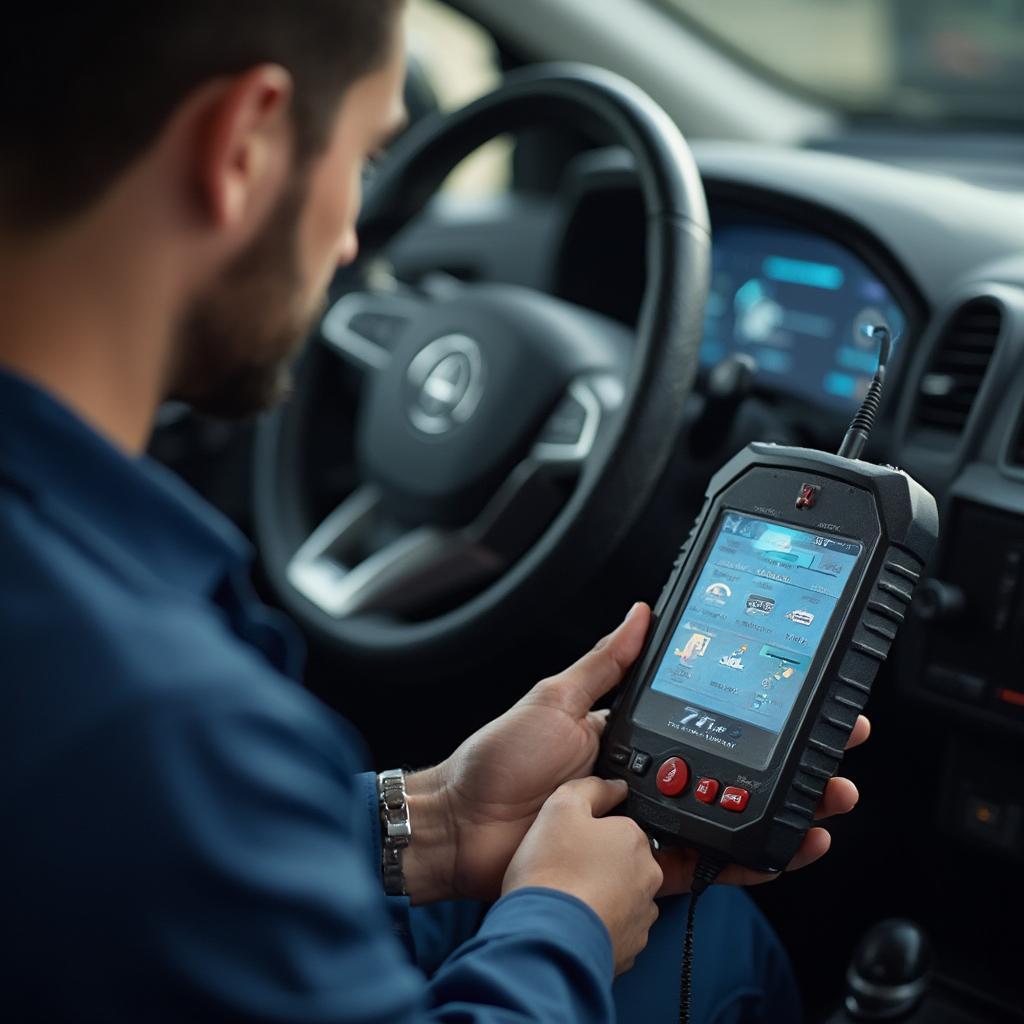 Mechanic Diagnosing Car with OBD2 Scanner